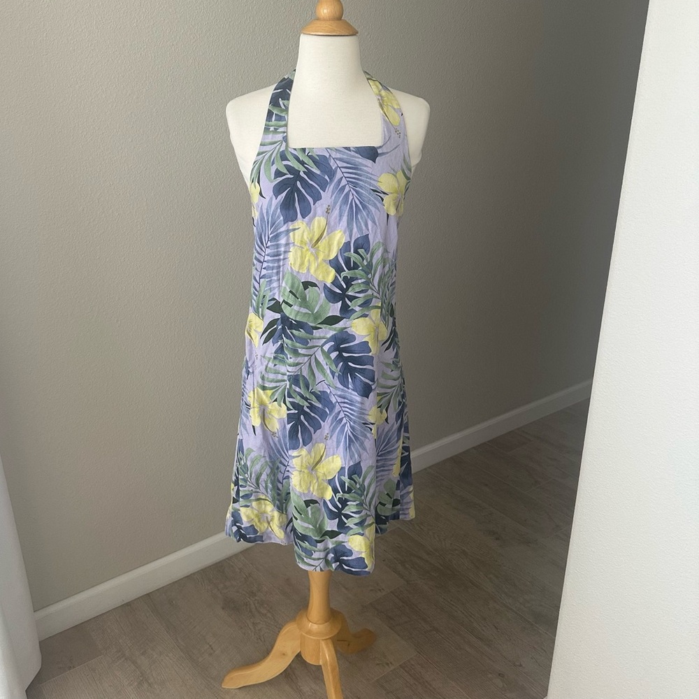 100% Silk Tommy Bahama Hibiscus Floral Leaf Print Square Neck Halter Dress